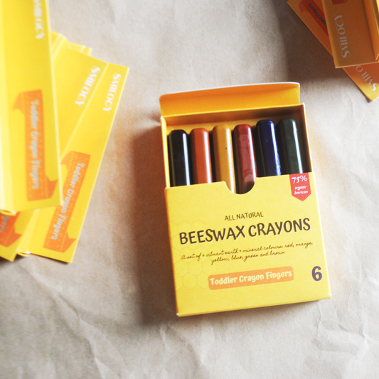SET OF BEESWAX CRAYONS FINGERS FOR TODDLERS IN THE BOX FLAT LAY WITH CRAYON BOXES IN BACKGROUND