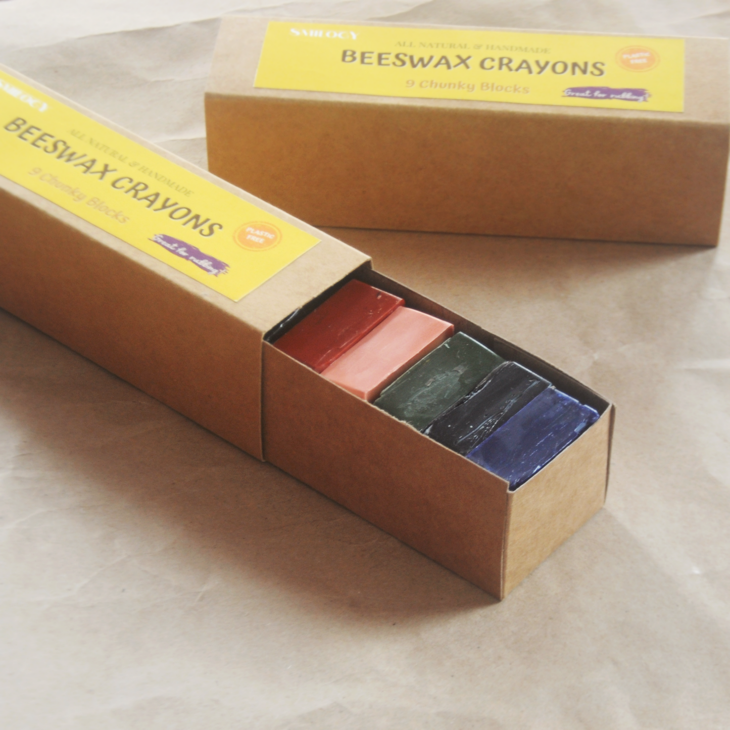 organic beeswax block crayons inside its box with box a little open