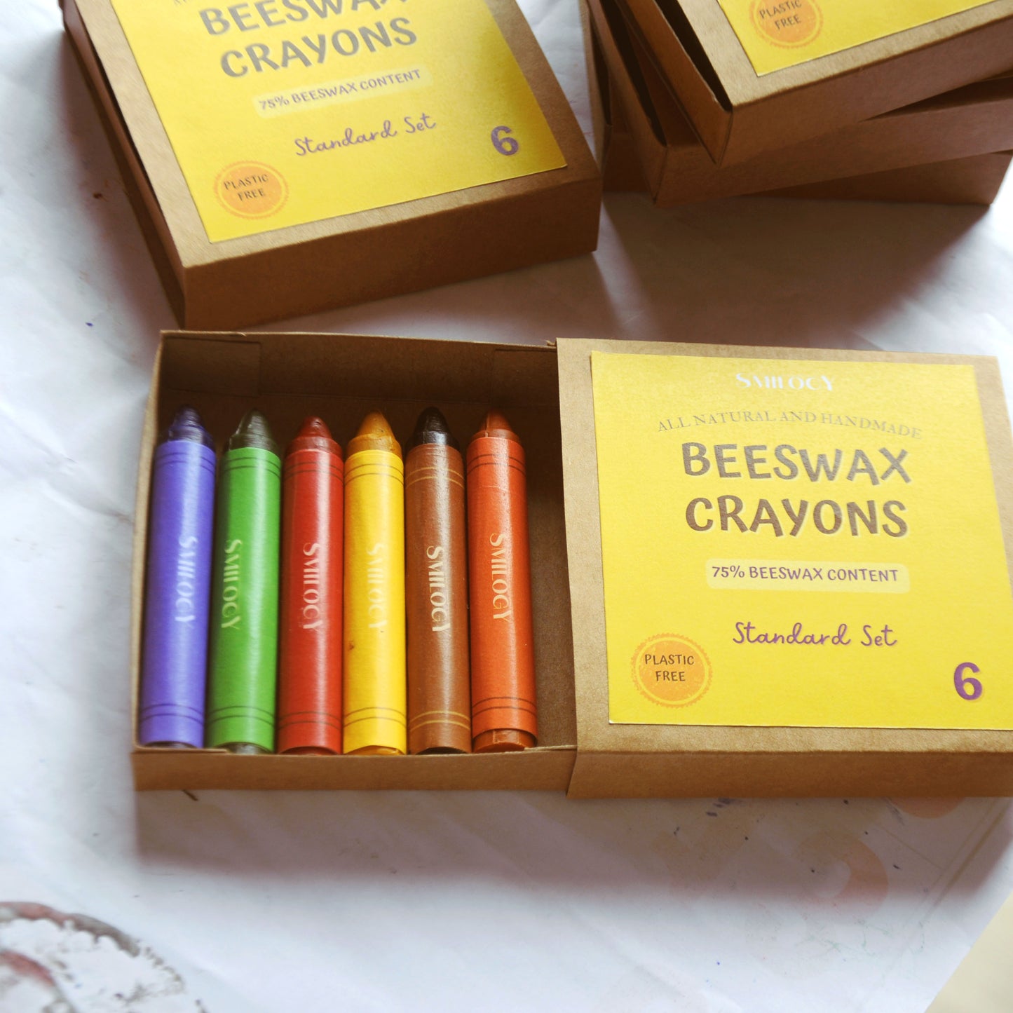 set of 5 all natural beeswax crayons for kids non toxic displayed in the kraft box packaging